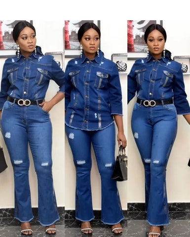 Sonicelife Two Piece Set Women Cowboy Suit Jean Jacket Single Breasted Turndown Collar Hole Flare Pants Female Outfits Casual Ensemble