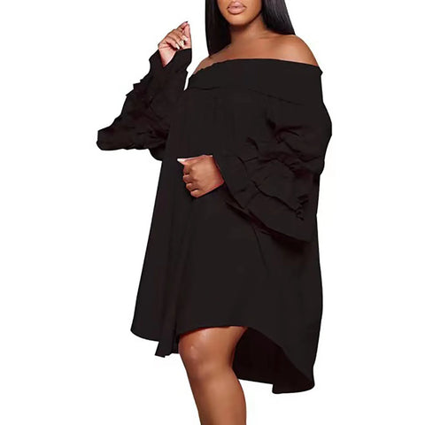 Sonicelife Women Sexy Dress Loose Fit Three Layer Off Shoulder Ruffled Long Sleeved Fashionable Casual Dresses For 2025 Fall Plus Size