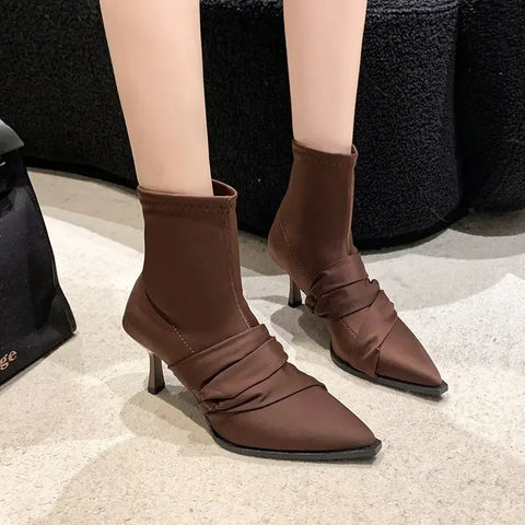 Sonicelife Retro Women Ankle Boots Fashion Pointed Toe Shoes Autumn High Heel Ladies Elegant Stretch Slim Short Booties Botas De Mujer