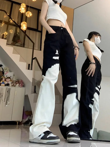 Sonicelife Trend Street Black White Denim Pants Women Y2k E-Girl High Waist Irregular Trousers Summer Loose Straight Wide Leg  Jeans