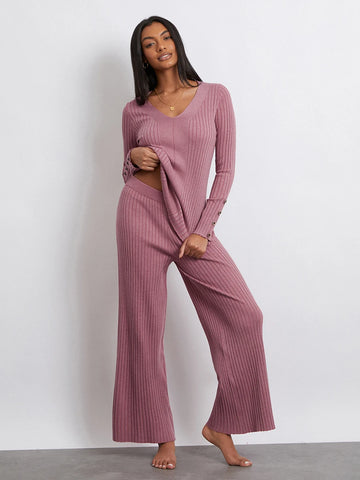 Sonicelife Fall Winter 2Pieces Knit Ribbed Sets Women's Casual Loungewear Outfits Long Sleeve V Neck Pullovers and Loose Long Pants