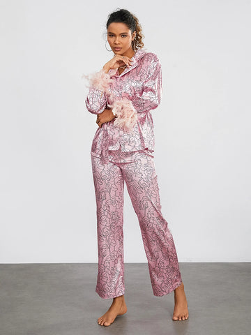 Sonicelife Women’s Pajama Sets Floral Print Satin Lounge Wear Outfit Spring Summer Feathers Trim Long Sleeve Kimono Robe Tops+Pants