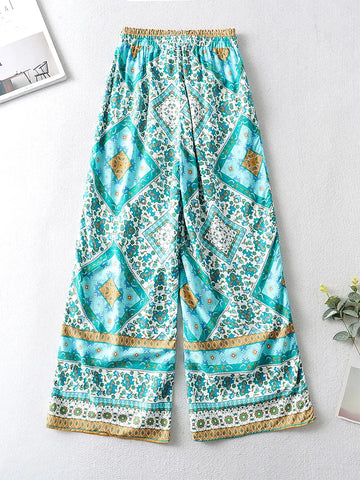 Sonicelife-Beach Vacation Boho Clothing 2024 Bohemian Vintage Print Wide Leg Pants Women Drawstring Elastic High Waist Full Length Trousers