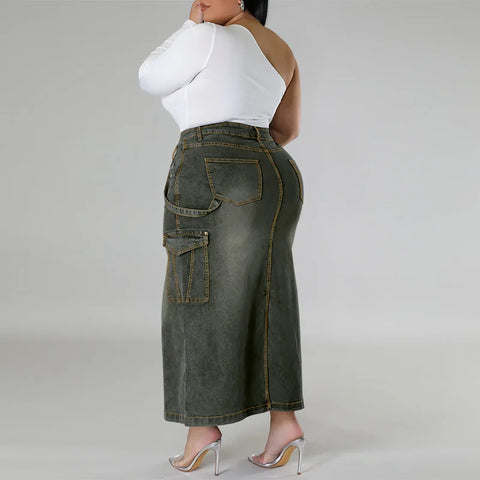 Sonicelife Denim Skirts Solid Zipper Fly Pencil Dress Washed Distressed Sexy Wrap Buttocks Ankle Length Skirt Spliced Basics Slim Fit