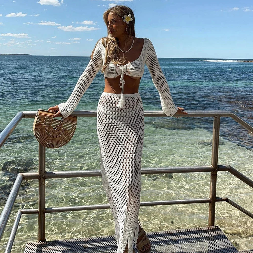 Sonicelife- Womens Summer 2PCS Outfit Bikini Cover-ups Sets Long Sleeve Tie Up Crop Tops+White Long Knit Hollow Tassels Skirt Suit