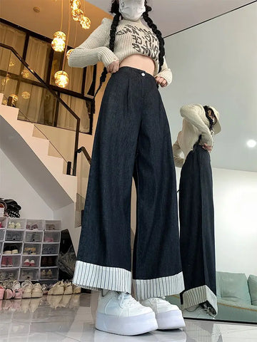 Sonicelife Oversize Patchwork Striped Jeans for Women Spring Autumn New Straight Ankle-Length Pants Y2k High Waist Loose Wide Leg