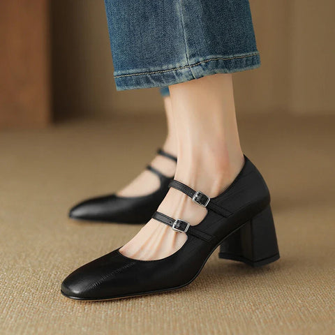 Sonicelife NEW Spring/Autumn Women Pumps Genuine Leather Shoes for Women Square Toe Chunky Heel Shoes Classics Mary Janes Handmade Shoes