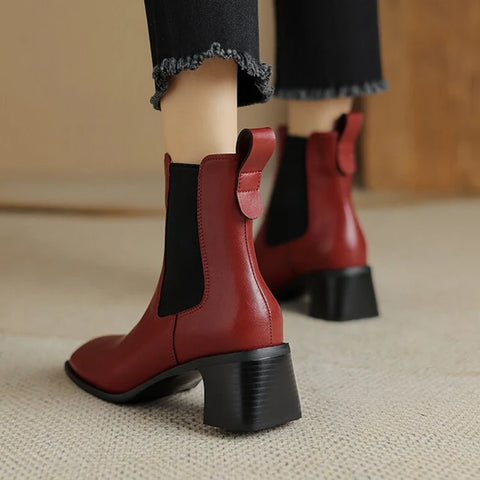 Sonicelife NEW Autumn Women Boots Split Leather Shoes for Women Square Toe Chunky Heel Shoes Red Slip-on Short Boots zapatos para mujeres