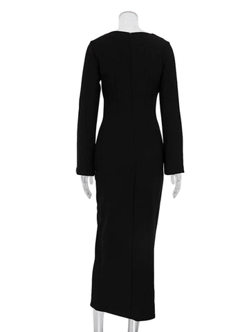 Sonicelife Aynaray Women Autumn Winter 2024 Sexy Bodycon Zipper Dresses Long Sleeve Asymmetry Slim Fit Solid Black Midi Dress Female