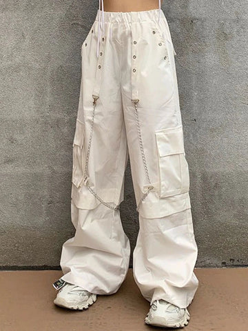 Sonicelife White Cargo Pants Women Streetwear Fashion Baggy Chain High Waist Wide Leg Casual Sweatpants Y2k Vintage Mujer Trousers