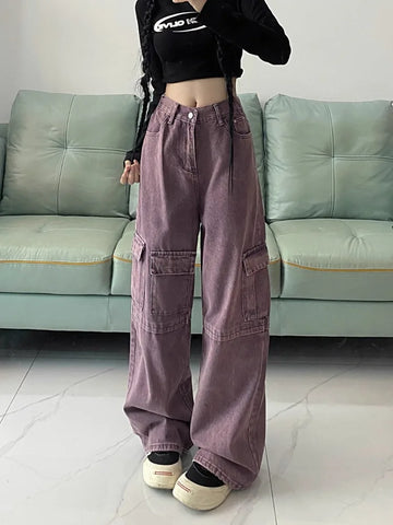 Sonicelife Oversize American High Waisted Cargo Pants for Women Y2k Loose Wide Leg  2024 Autumn New Multiple Pockets Trousers