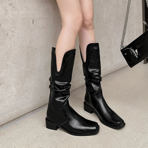 Sonicelife Autumn Women Boots Split Leather Shoes Women Round Toe Chunky Heel Boots Women Elegant Mid-calf Boots Leather Boots botas mujer