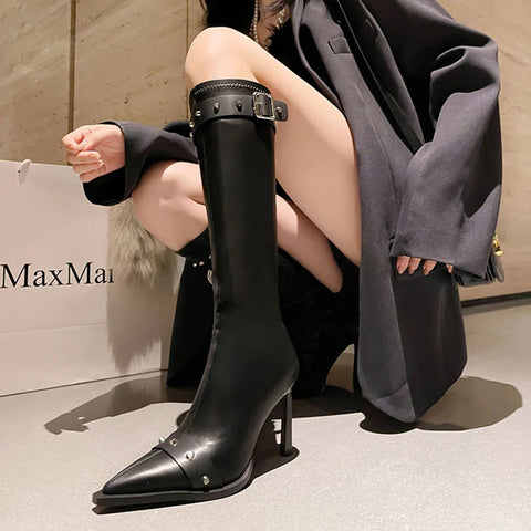 Sonicelife Autumn Winter Women Knee-High Boots Fashion Rivet Knight Long Booties Pointed Toe Thin High Heels Female Shoes