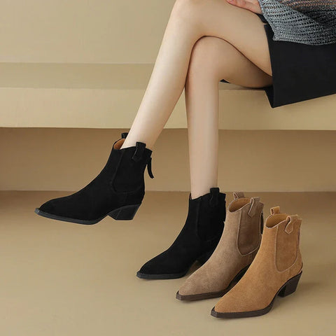 Sonicelife NEW Autumn Women Boots Cow Suede Leather Shoes for Women Pointed Toe Chunky Heel Shoes Concise Black Boots Zipper Western Boots