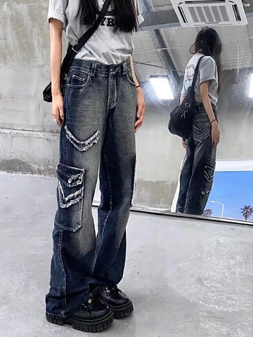 Sonicelife American Retro Street Washed Blue Jeans for Women Y2k Grunge High Waist Loose Trousers 2024 Spring Straight Wide Leg Pants