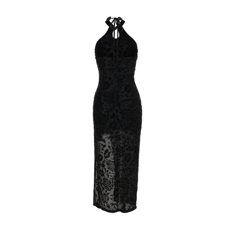 Sonicelife Women's Gothic Summer Long 2024 Elegant New Chinese Flocked Flower Slit Cheongsam Dresses