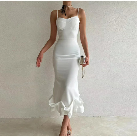 Sonicelife Long Dresses Women Solid Slim Fit Ruffles Dress Sleeveless High Waist Evening Vestidos Hip Wrap Elegant Summer Sexy Party