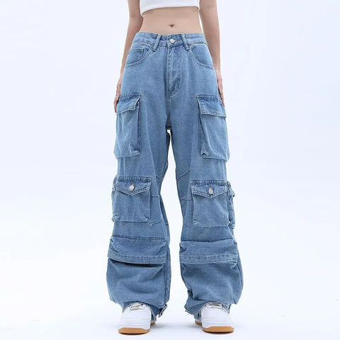 Sonicelife Y2K New Multi-Pocket Heavy Industry High-Quality Best-Selling Jeans Women Street Hip-Hop Straight High Waist Wide-Leg Pants 2023