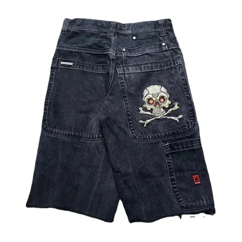 Sonicelife American New Retro Bone Wash Jeans Shorts Women Y2K High Street Skull Embroidery Shorts Men Harajuku Casual Joker Straight Pants