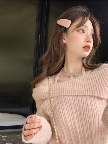 Sonicelife Sweet off-Shoulder Knit Sweater Women Elegant High Sense Slimming Fairy Clavicle Hanging Neck Top Female Spring Autumn Dailywear