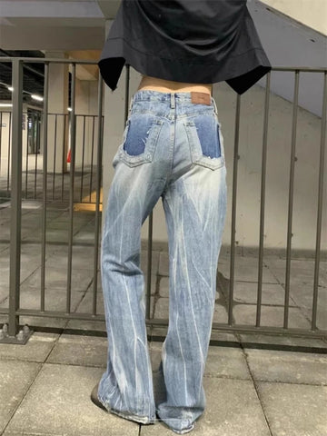 Sonicelife Korean Fashion Tie Dye Bell Bottom Jeans for Women Y2k E-Girl High Waist Denim Pants 2024 Summer New Loose Wide Leg