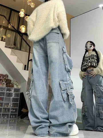 Sonicelife American Style Street Pocket Denim Cargo Pants Y2k E-Girl High Waist Jeans for Women 2024 Summer New Loose Wide Leg