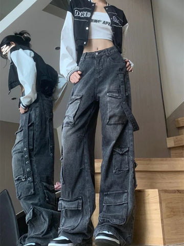 Sonicelife New Multi-pocket High Street American Tooling Wide-leg Jeans Female Y2K Street Punk Style Loose Street Brand Washing Old Pants