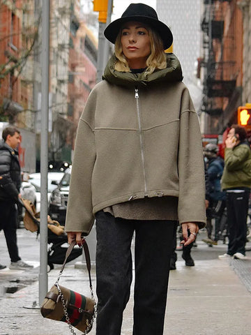 Sonicelife Winter Commute Cropped Solid Color Women's Hoodeds Warm Female Long Sleeves Zipper Coats 2024 New Street Office Ladies Outerwear