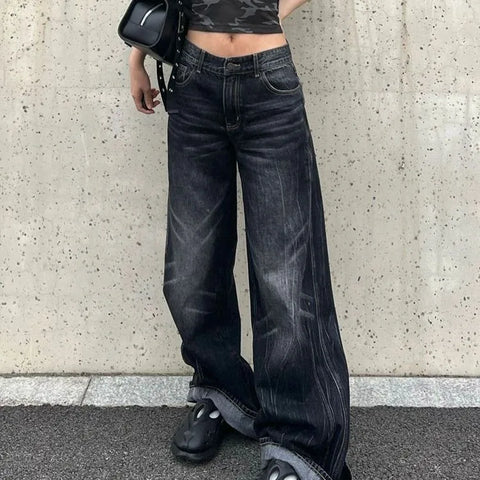 Sonicelife American Vintage Straight Jeans for Women 2024 Sumemr New Denim Cargo Pants  Y2k E-Girl High Waist Loose Wide Leg