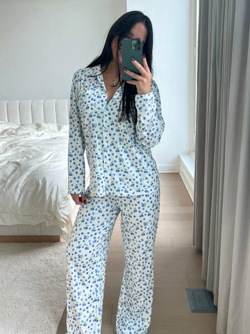 Sonicelife Women's Y2K 2Pcs Heart/Floral Print Pajamas Set Long Sleeve Lapel Button Up Shirt Tops+Sleepwear Pants Pjs Loungewear