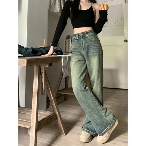 Sonicelife Y2k Baggy Wide Leg Jeans Women Vintage Streetwear Washed Denim Pants Grunge Basic Slouchy Blue Trousers Femme Spring