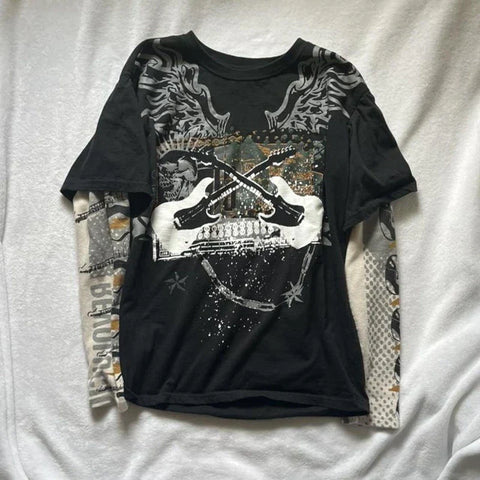 Sonicelife Preppy Harajuku Grunge Y2K Retro Tops Hippie Punk Style Loose T-Shirt Indie Graphic Print Patchwork Long Sleeve Sweats Tees