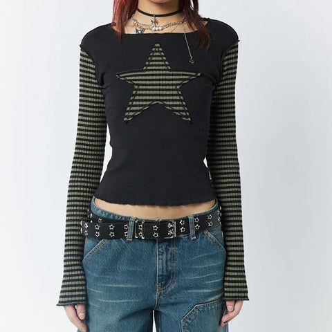Sonicelife Gothic Mall Goth Tees y2k Star Patched Striped Long Sleeve T-shirt Harajuku Grunge O Neck Slim Fit Crop Tops Streetwear