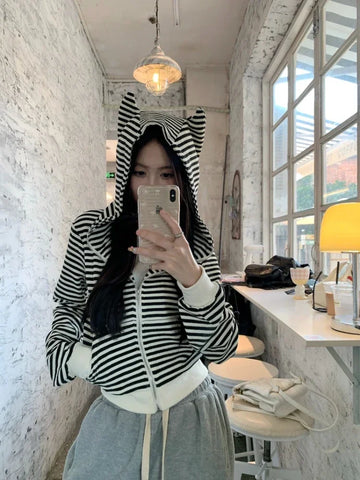 Black Friday Sonicelife Emo Striped Print Cropped Tops Gothic Style Devil Ears Zip Up Hoodies for Women Long Sleeve Sweatshirt Cutecore Clothes