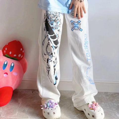 Sonicelife Y2K Anime Print White Pants Women Harajuku Manga Subculture Wide Leg Trousers Japanese Style Kawaii Cartoon Sweatpants