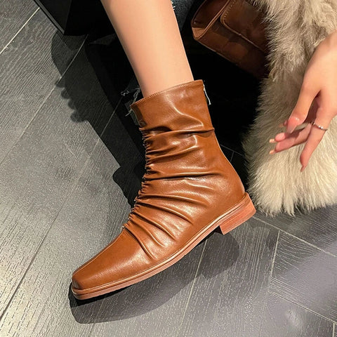 Sonicelife NEW Autumn Women Boots Square Toe Low Heel Ankle Boots Women Microfiber Shoes for Women Slip-on Black Boots Pleated Ladies Shoes