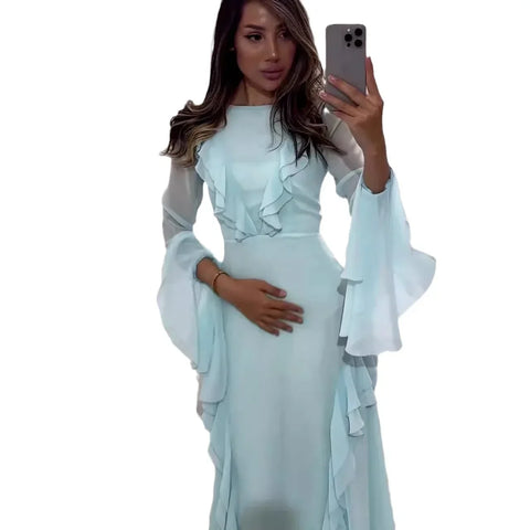 Sonicelife Dress Women 2024 Autumn Long Dresses Tight Waist Full Sleeve Slash Neck Hollow Out A Line Elegant Temperament  Solid Vestidos