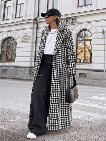 Sonicelife Aynaray 2024 Autumn Winter Women Houndstooth Plaid Woolen Coat Loose Lapel Long Sleeve Classic Warm Overcoat