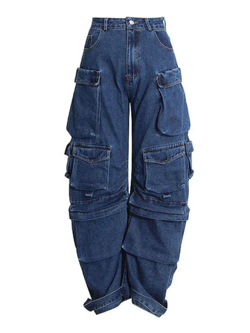 Sonicelife American Street Workwear Multi-Pocket Heavy Lndustry Design Jeans Female Y2K Gothic Fashion Punk Style Loose Floor Wide-leg Pant