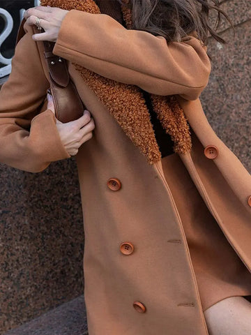 Back To School Sonicelife 2024 Autumn Winter Women's Lapel Double-breasted Jacket Fashion Solid Splicing Lamb Wool Coat New Lady Commute Warm Outwears