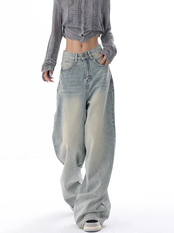 Sonicelife Full Length Women Jeans Vintage Distressed Wide Leg Pants Denim Wash Loose Fit 2024 Summer Pockets Solid Spliced High Waist