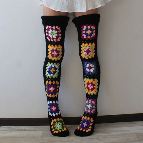 Sonicelife Women's Autumn Winter Vintage Thigh Socks Extra Long Ethnic Crochet Knit Stockings Y2K Aesthetic Over Knee Socks