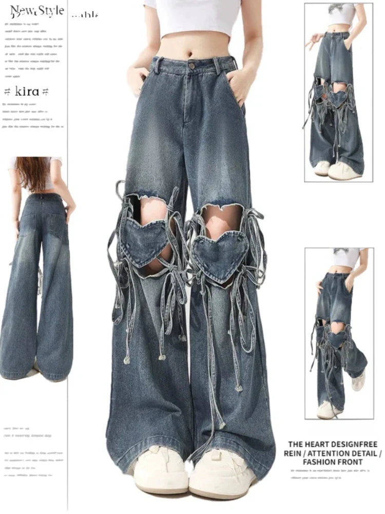 Sonicelife Ripped Jeans for Women Y2k Fashion Oversize Heart Patchwork Kpop High Waist Wide Leg Denim Trouser Harajuku Causal Pants