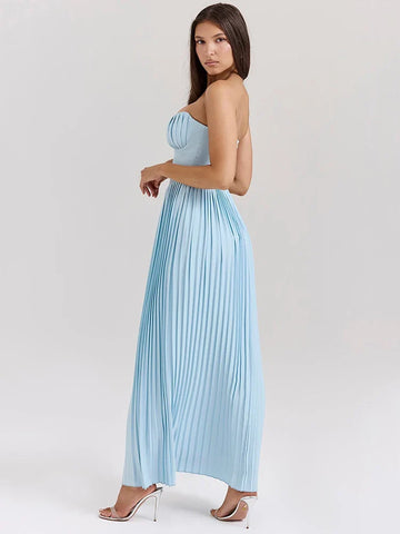 Sonicelife Off-shoulder Backless Pleated Maxi Dress For Women Fashion Strapless Sleeveless High Waist Bodycon Sexy Long Dress