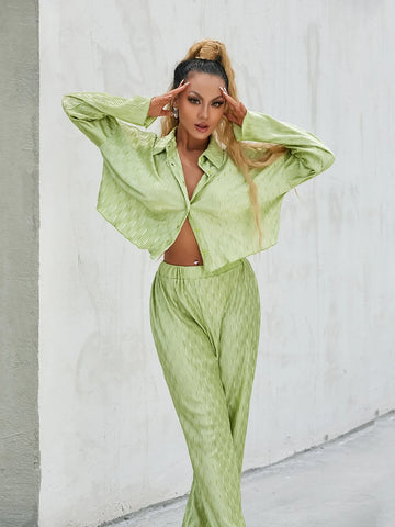 Sonicelife Green Two-Piece Shirt Pants Sets Spring Fall Women Pleated Outfit Long Sleeve Button-down Shirt+Loose High Waist Pants