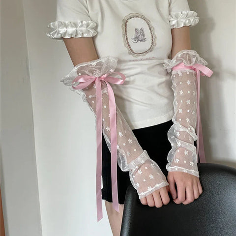 Sonicelife Lolita Cute Bow Y2K Floral Hollow Out Long Sunscreen Gloves Japanese Style Kawaii Lace Sheer Gloves UV Protection Arm Sleeves