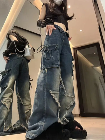 Sonicelife American Retro Street Five Pointed Star Pocket Jeans Y2k High Waist Loose Wide Leg Pants  2024 New Straight Denim