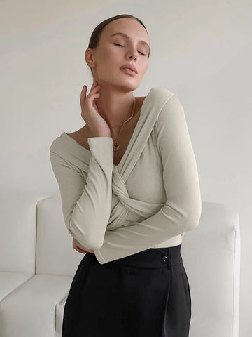 Sonicelife Aynaray 2024 Autumn Winter Women Off Shoulder Office Knitwear Tops Slim Pullover Solid Khaki Long Sleeve T-shirts Female