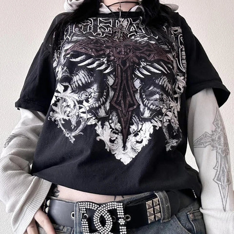 Sonicelife Cyber Grunge Mall Goth Y2K Tops Graphic Print Patchwork Long Sleeve T-shirt with Hooded Vintage E-girl Goth Harajuku Loose Tees