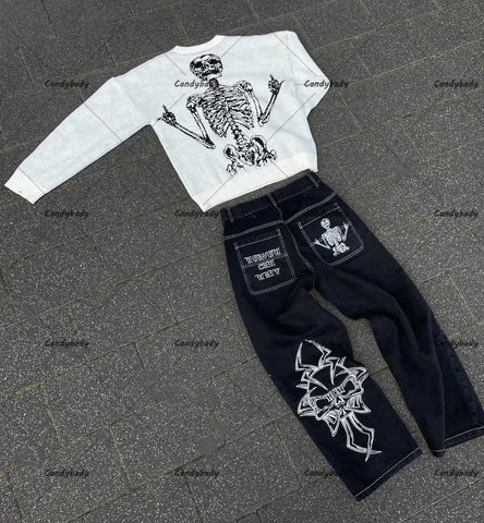 Sonicelife Y2k Baggy Jeans Woman Hip Hop Retro Skull Embroidery Washed Denim Pants New Straight Casual Loose Wide Leg Trouser Streetwear